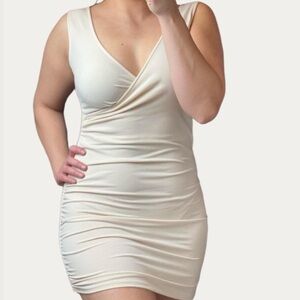Boutique Cream Ruched Bodycon Dress
